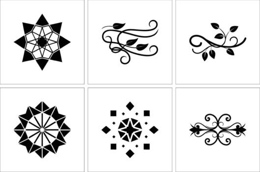Black monochrome ornament set showing floral swirls and geometric patterns are visible here vector