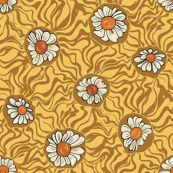 Retro Daisy Pattern with Green Waves. Joy of Summer 1970 Collection vector