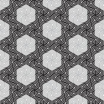 geometric pattern with interlocking black and white hexagon maze design, modern abstract optical art style. vector