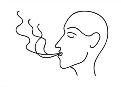 Minimalist continuous single line drawing of a man exhaling smoke from a cigarette elegantly rendered isolated on white background vector