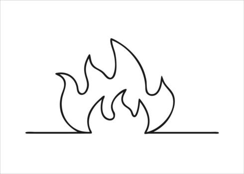 A single continuous black line art depiction of fire in a fluid artistic style isolated on white background vector