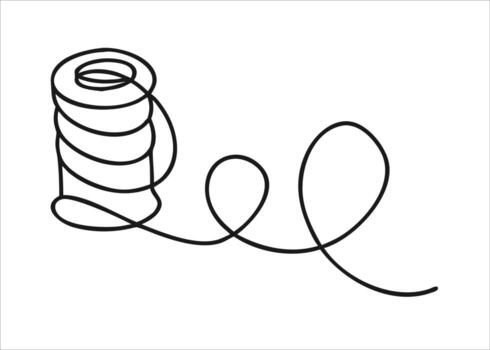 A singular continuous line drawing depicting a textile spool of thread showcasing its cylindrical form and wound material presented isolated on white background vector