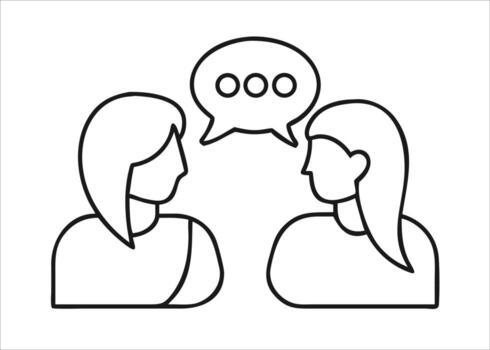 Minimalist single line art depiction of two women engaged in conversation or an interview presented as a clean graphic isolated on white background vector