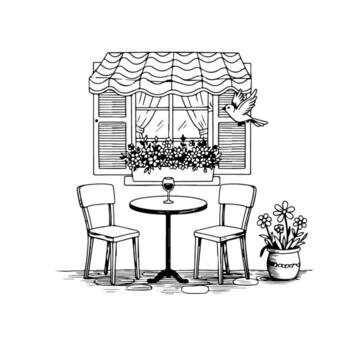 Handdrawn Line Art Cafe Scene with Window and Table Illustration vector