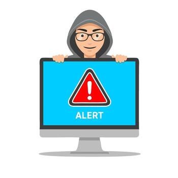 Flat Illustration Hacker Showing Alert Message on Computer Screen vector