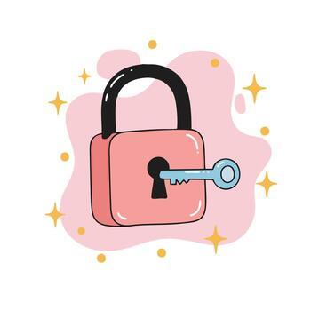 Whimsical Handdrawn Lock and Key Illustration with Sparkles Security Concept vector