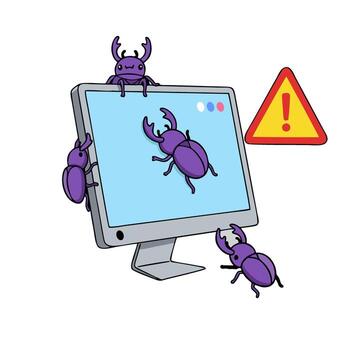 Cartoon Bug Infestation on Computer Screen with Warning Sign Illustration vector