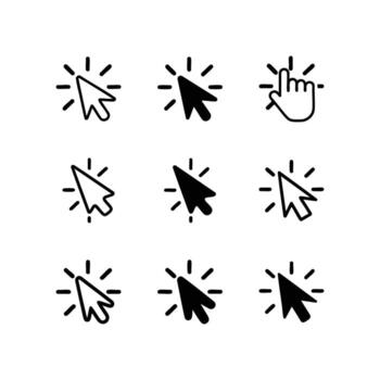 colección de nueve diferente cursor íconos con radiante hacer clic efectos en un blanco antecedentes vector