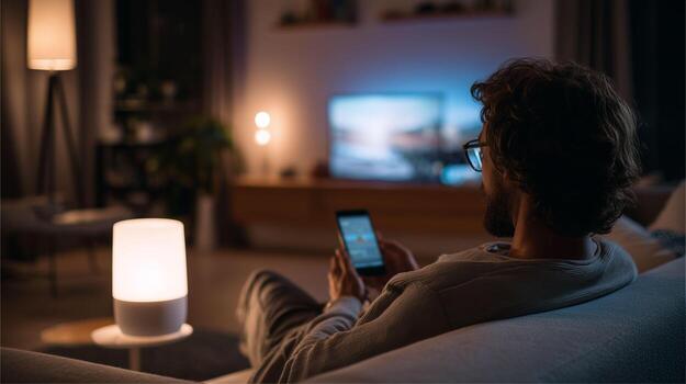 Smart home controlled by AI, digital assistant managing lights and appliances, relaxed atmosphere photo