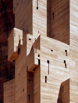 Architectural Detail of a Modern Building Constructed of Horizontal Planks. A close up view showcasing the unique design and texture. photo