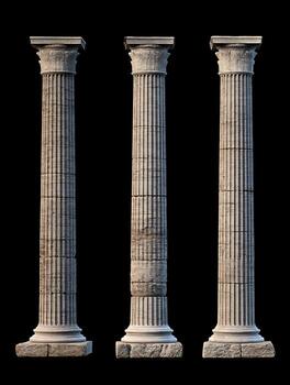 Three Ancient Greek Columns Intact, Damaged, and Intact. A high-resolution image showcasing the architectural details of classical columns. photo