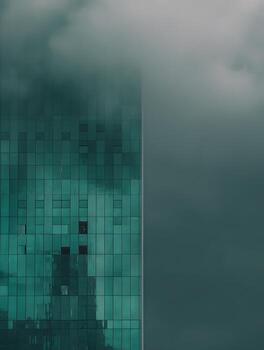 Modern building facade with teal glass panels partially obscured by fog, creating an abstract architectural image. photo