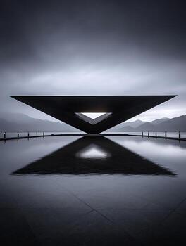 resumen triangular estructura reflejado en todavía agua, montaña antecedentes. foto