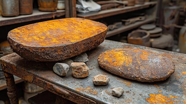 Rusty tools and objects displayed on weathered workbench in old workshop various materials scattered around photo