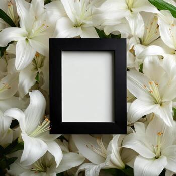 White lilies and black frame with copy space photo