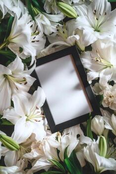 White lilies and frame with copy space for text photo