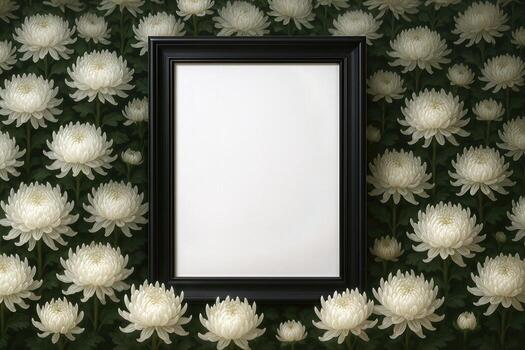 Black frame with white flowers on a green background photo