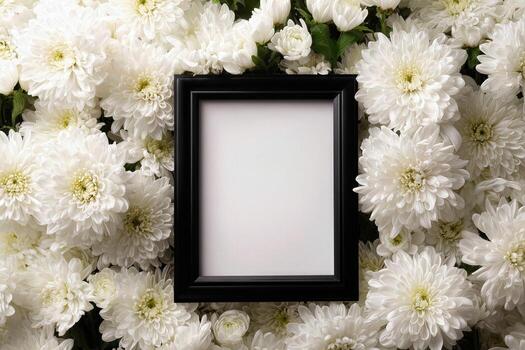 White flowers and a black frame on a white background photo