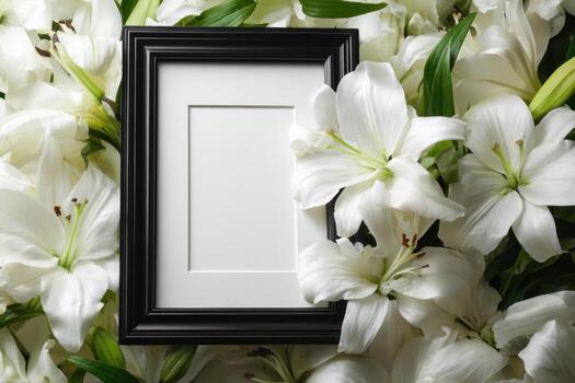 White lilies and frame with empty frame photo