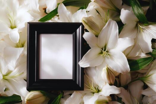 White lilies and a black frame on a white background photo