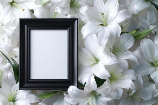 White lilies and black frame with empty space photo