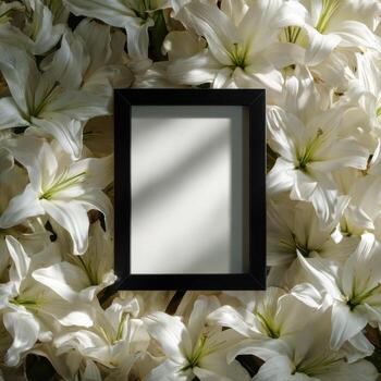 White lilies and a black frame photo