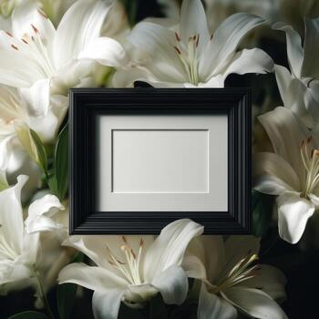 White lilies and a black frame with a blank space photo