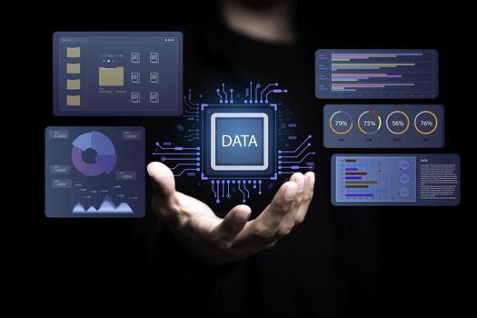 Businessman holding virtual data chip surrounded by analytics dashboards, charts, and graphs, representing big data management, digital information analysis, and business intelligence technology. photo