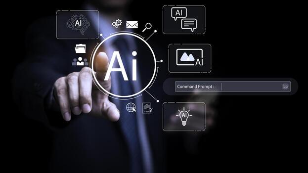 Businessman touching virtual AI icon surrounded by artificial intelligence features, representing machine learning, automation, and smart technology integration for business innovation and digital photo