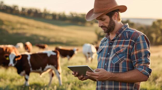 Man in cowboy hat using tablet in field with cows photo