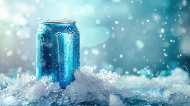 Icy drink can surrounded by ice chunks for refreshment and beverage concept photo