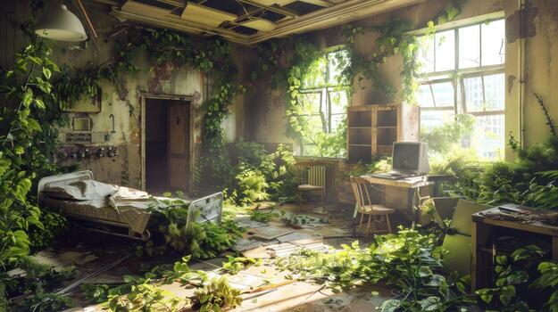 Nature reclamation in an overgrown abandoned interior with lush vegetation photo