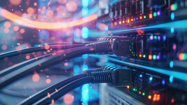 Server cables connecting for data network communication and technology infrastructure photo