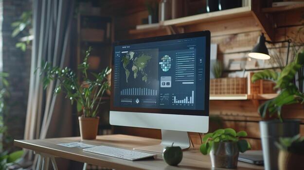 Modern office with data visualization on computer display photo