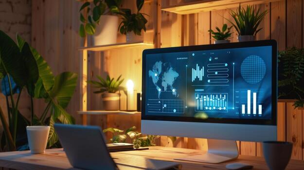 Data analytics on computer display with world map and business charts for remote work photo