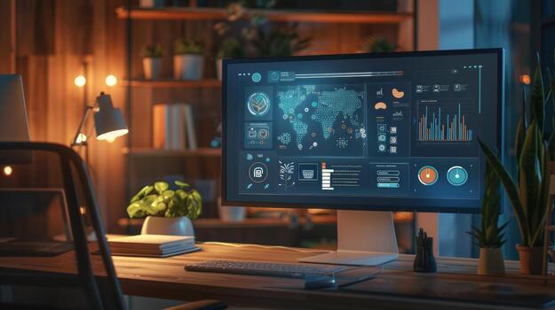 Data visualization on computer screen in a modern workspace technology photo