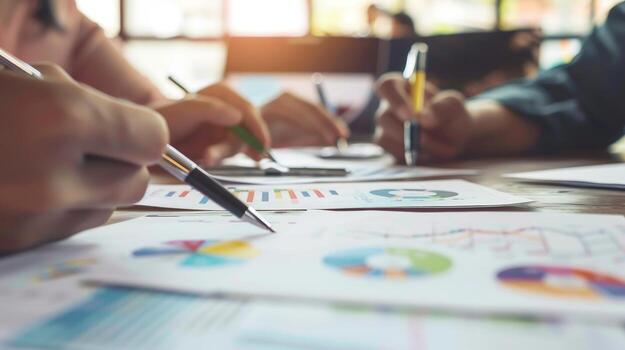 Data analysis and collaboration in business meeting with charts and graphs photo