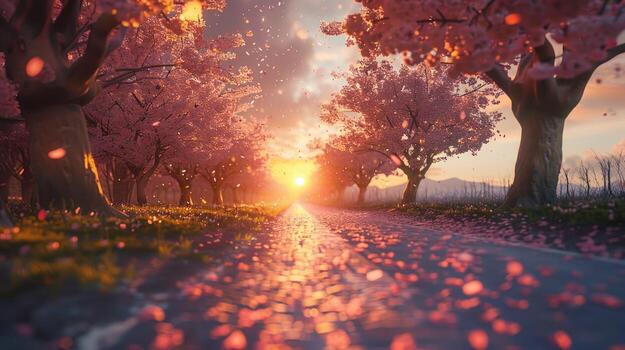 Blossom tree path spring landscape with soft sunset light photo
