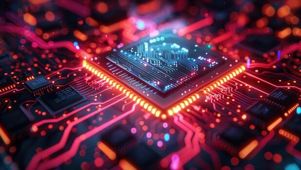 Intricate microchip circuitry with vibrant artificial intelligence neural network photo