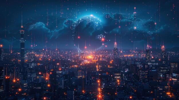 Futuristic cityscape at night with data streams and digital network connection photo