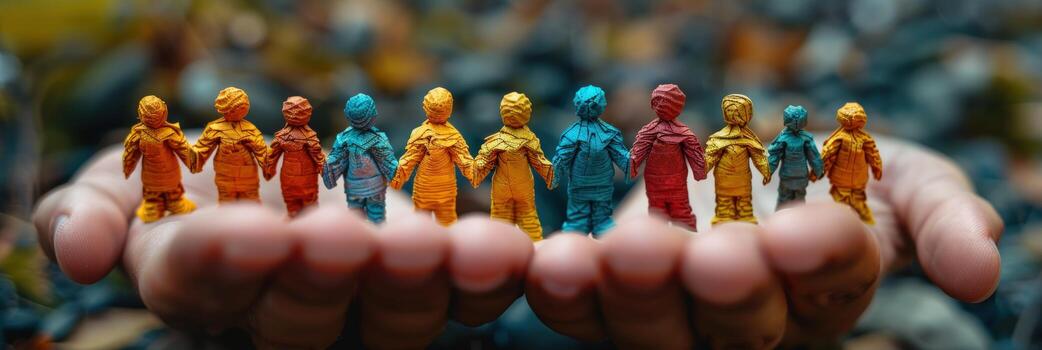 Diverse clay figures in hands symbolizing community teamwork and global unity photo