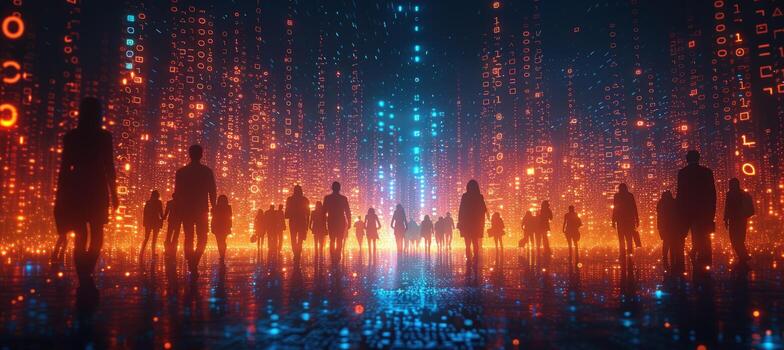 digital futuro multitud caminando mediante binario código corrientes tecnológico mundo foto