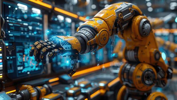 Robotic arm operating advanced computer interface in an automated industrial environment photo