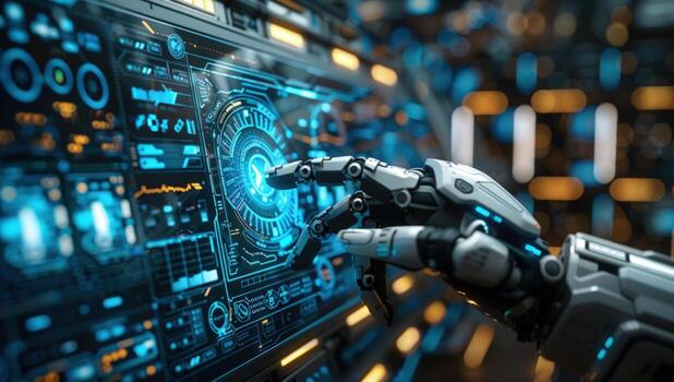 Robotic hand interacting with high tech user interface for data analysis and automation photo