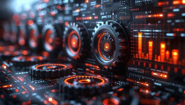 Intricate gear system with digital interface displaying complex data and technology photo