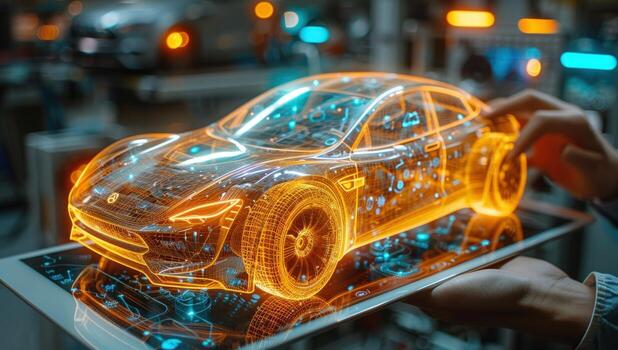 Futuristic automobile wireframe hovering above digital interface in high tech environment photo