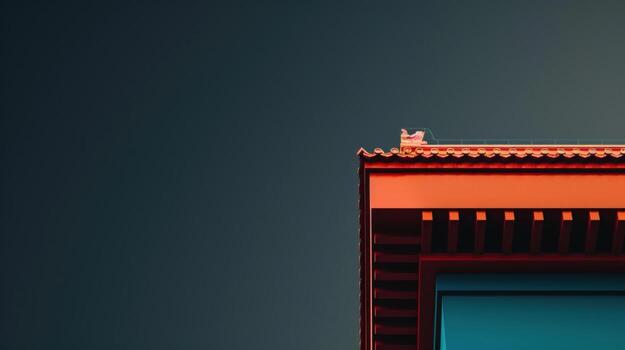 Building corner with geometric design and blue window under dark sky architecture photo