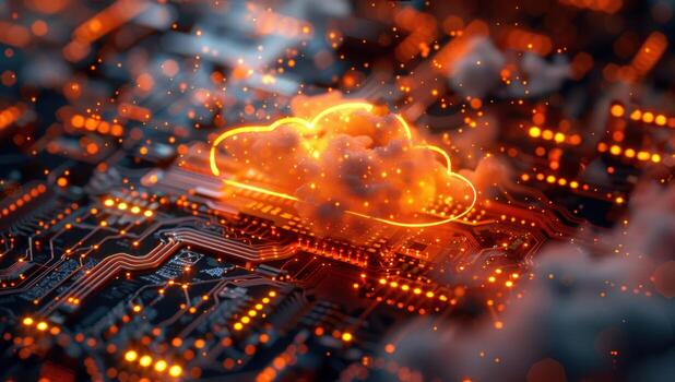 Abstract cloud computing concept on computer motherboard with glowing circuits photo