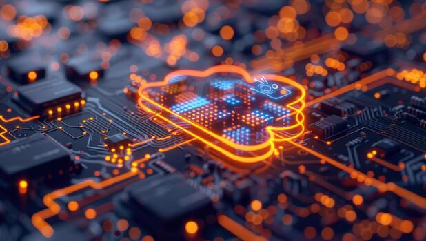 Cloud computing concept with circuit board and glowing digital data transfer photo