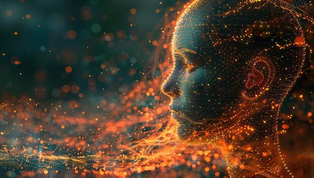 Abstract human head emerging from glowing network for ai and technology concepts photo